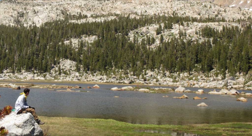 A person sits on a tall rock above a grassy landscape and looks out over body of water, evergreen trees and mountains in the background.